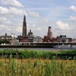 Antwerpse skyline met de Schelde waar de plasticvangers geplaatst zijn