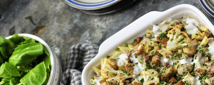 Penne au gratin with cauliflower, seitan & mushroom cream - BERTYN